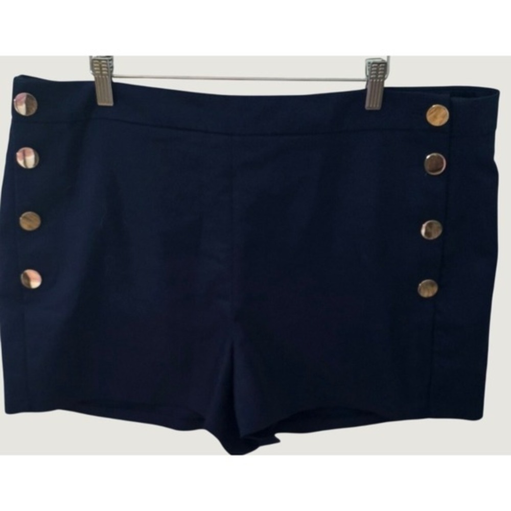 Express Midi High Rise Navy Sailor Shorts 18 Gold Buttons Classic Nautical - Picture 9 of 9